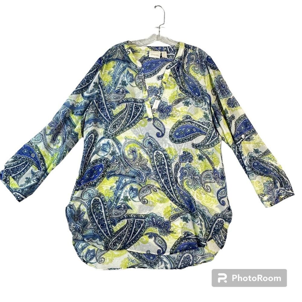 Chico's 2 Large Arielle Paisley Roll Sleeve Sheer Pullover Tunic Top